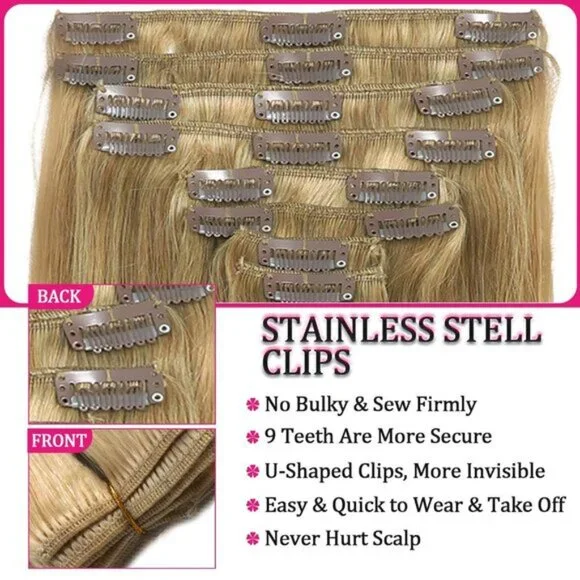 New Clip-In Hair Extensions 120g 8pcs Blonde Kinky Straight Human Hair 20 #613